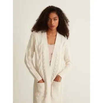 White cable knit open long cardigan